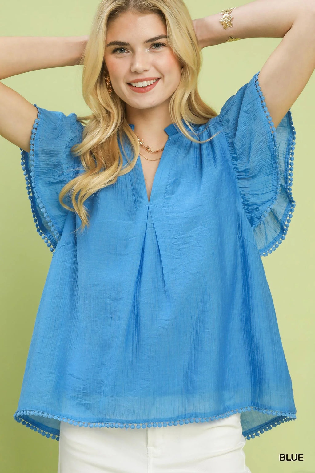 Umgee Flutter Sleeve Relaxed Top with Trim Detail