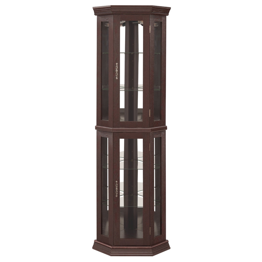 Lighted Corner Curio Cabinet - Glass Display Shelf with Tempered Glass Doors, Adjustable Shelving, and Included Bead Bulb - Ideal Bar Cabinet for Home Decor- DARK CHERRY
