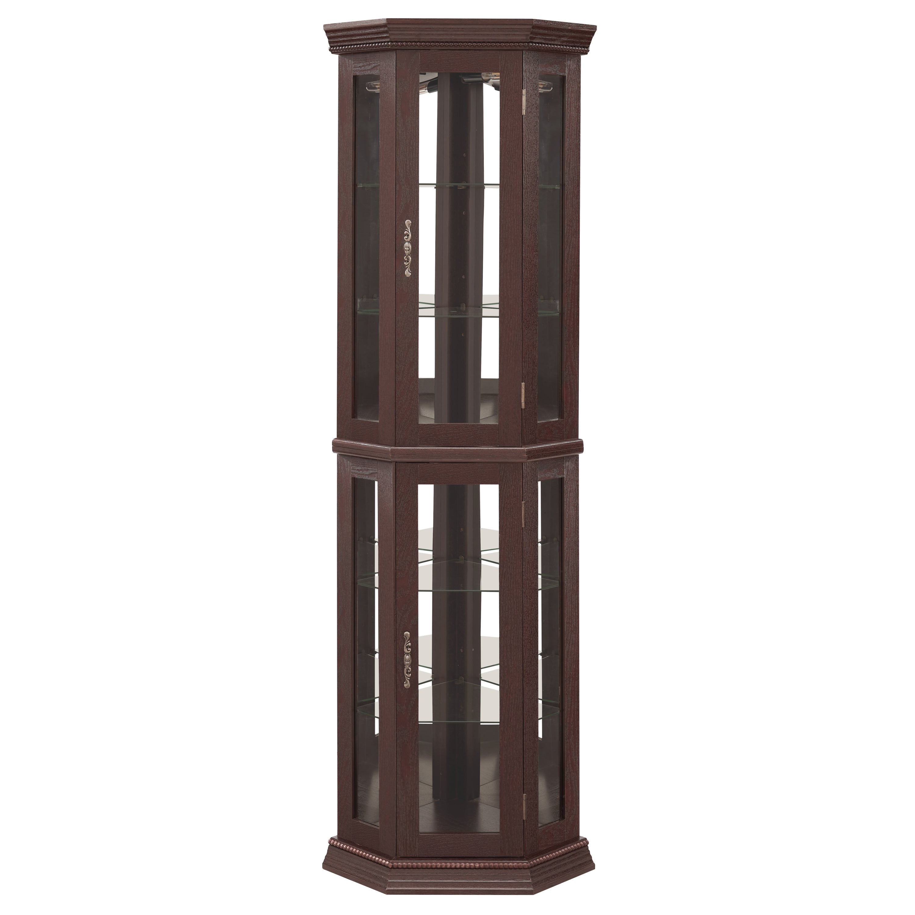 Lighted Corner Curio Cabinet - Glass Display Shelf with Tempered Glass Doors, Adjustable Shelving, and Included Bead Bulb - Ideal Bar Cabinet for Home Decor- DARK CHERRY