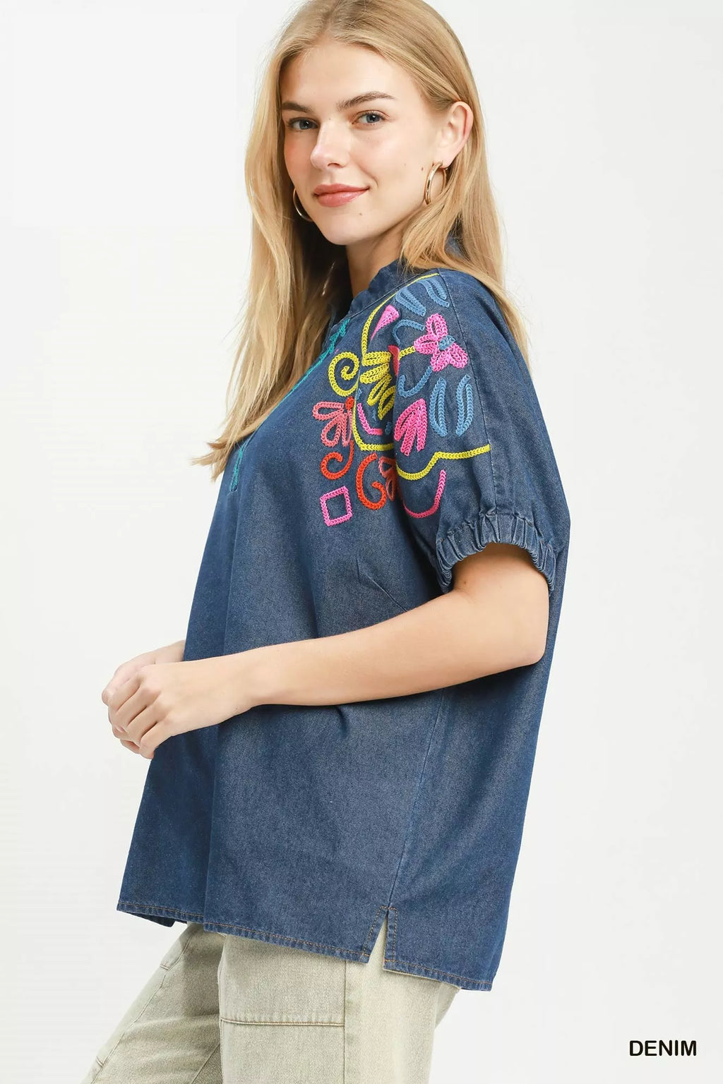 Umgee Embroidered Denim Puff Sleeve Top