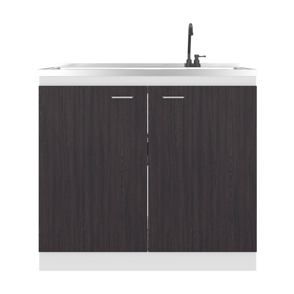Napoles Utility Sink with Faucet Inclued and Integrated Stainless Steel Counter top, Freestanding cabinet with two doors, Metal Handles and Two interior shelves, Black & White Print