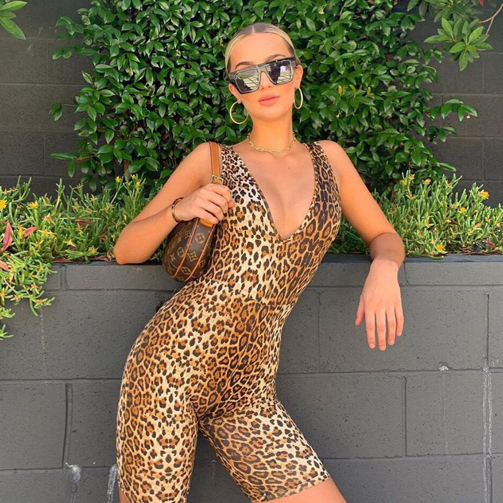 Summer Women's Sleeveless V-Neck Leopard Jumpsuit