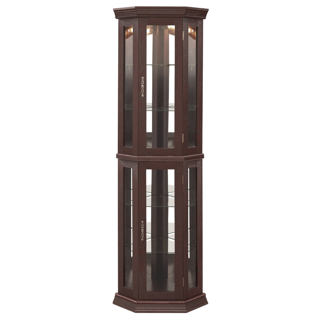 Lighted Corner Curio Cabinet - Glass Display Shelf with Tempered Glass Doors, Adjustable Shelving, and Included Bead Bulb - Ideal Bar Cabinet for Home Decor- DARK CHERRY