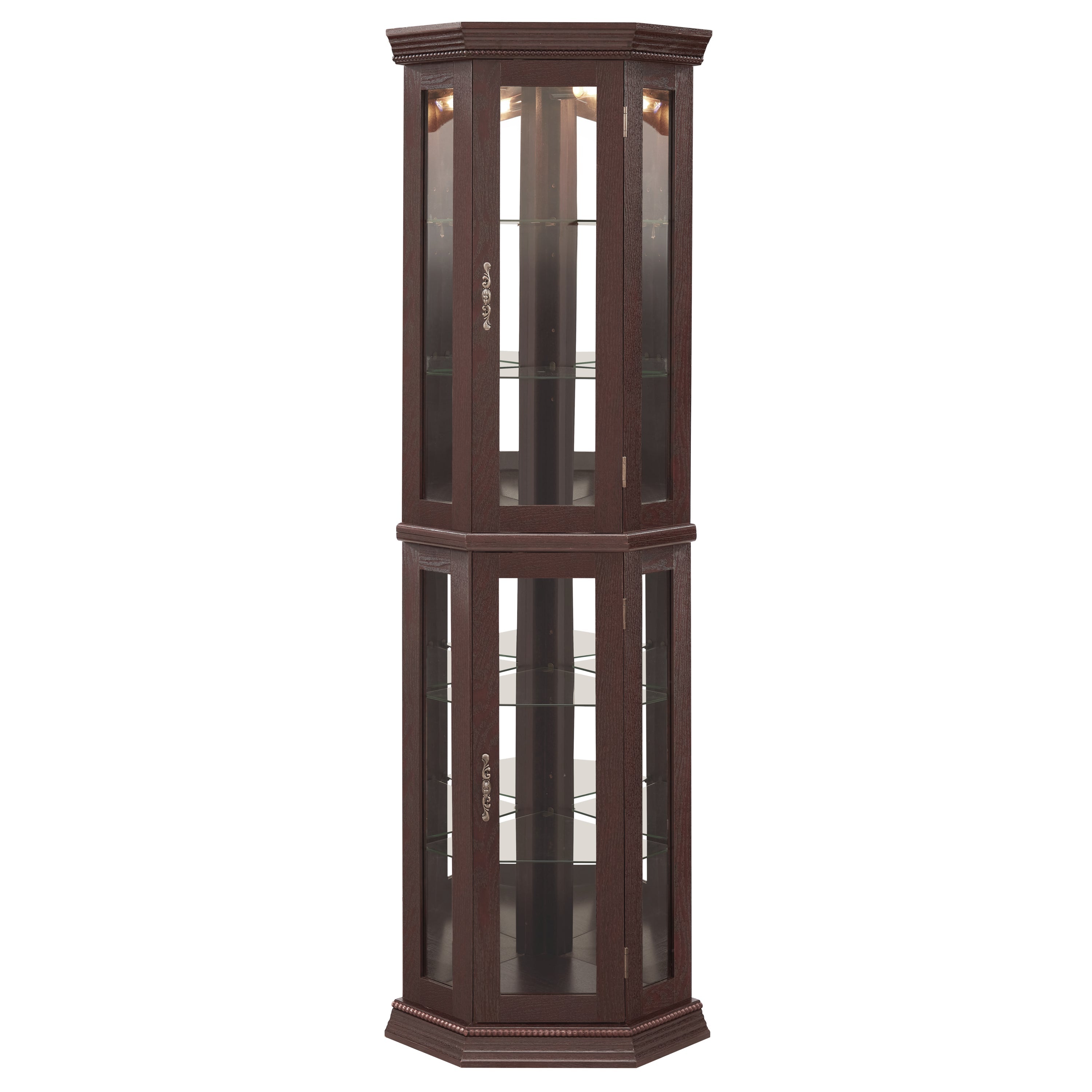 Lighted Corner Curio Cabinet - Glass Display Shelf with Tempered Glass Doors, Adjustable Shelving, and Included Bead Bulb - Ideal Bar Cabinet for Home Decor- DARK CHERRY