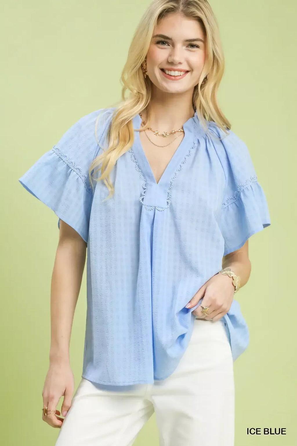 Umgee Gingham Puff Sleeve Top with Lace Trim