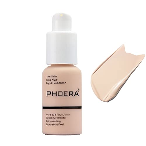 PHOERA FoundationFlawless Soft Matte Oil Control Liquid Foundation Full Coverage Face Makeup. (101# Porcelain)
