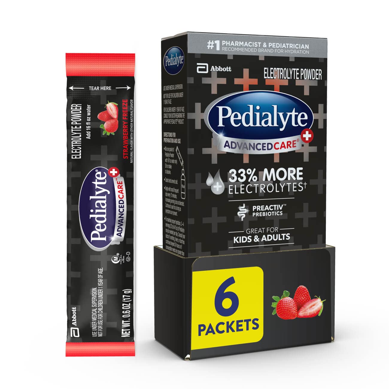 Pedialyte AdvancedCare Plus Electrolyte Powder with 33% More Electrolytes and PreActiv Prebiotics Strawberry Freeze Electrolyte Drink Powder Packets 0.6 Oz Pack of 6