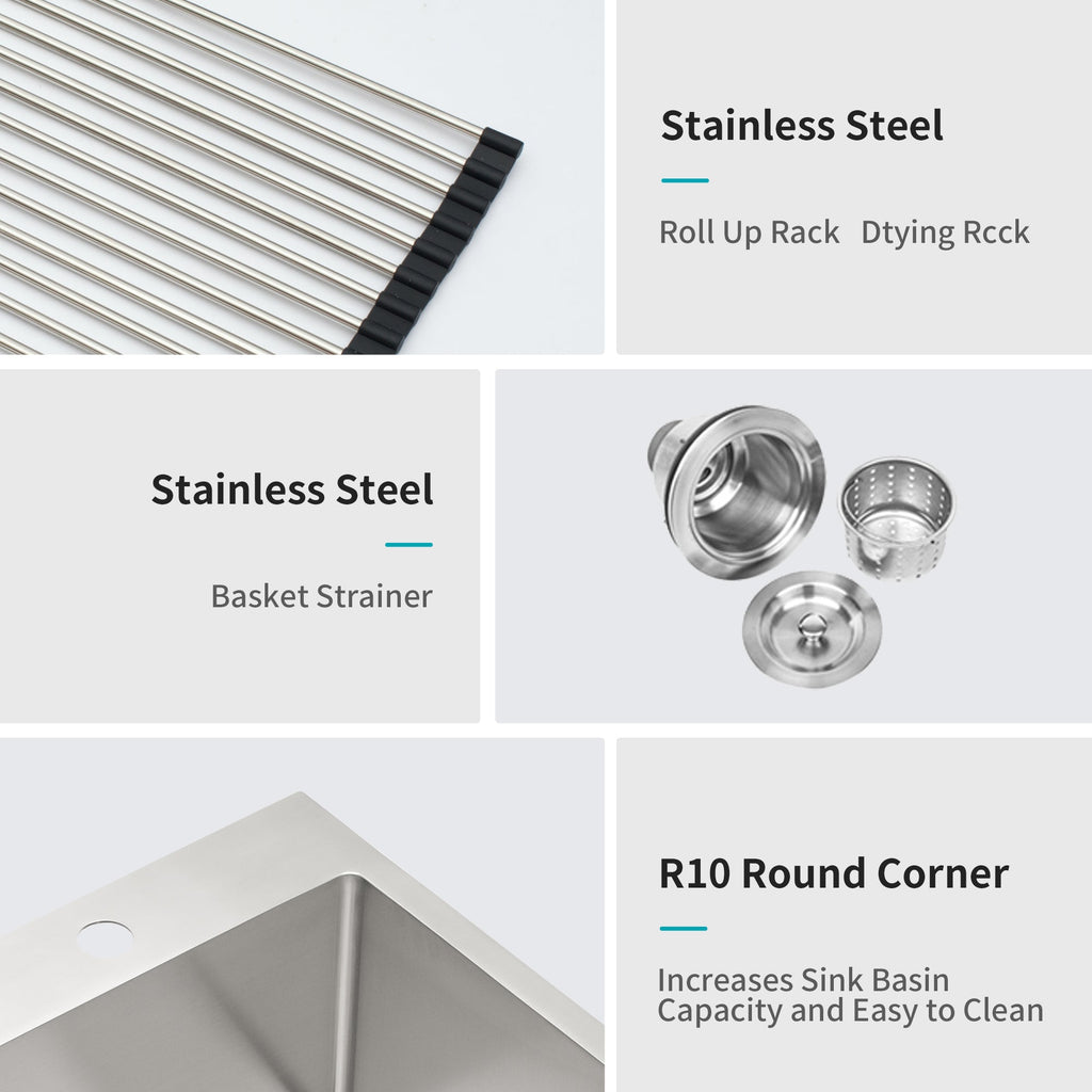 Modern Brushed Nickel 30 x 22 Inch Kitchen Sink Drop-In 16 Gauge Stainless Steel Single Bowl Topmount Basin