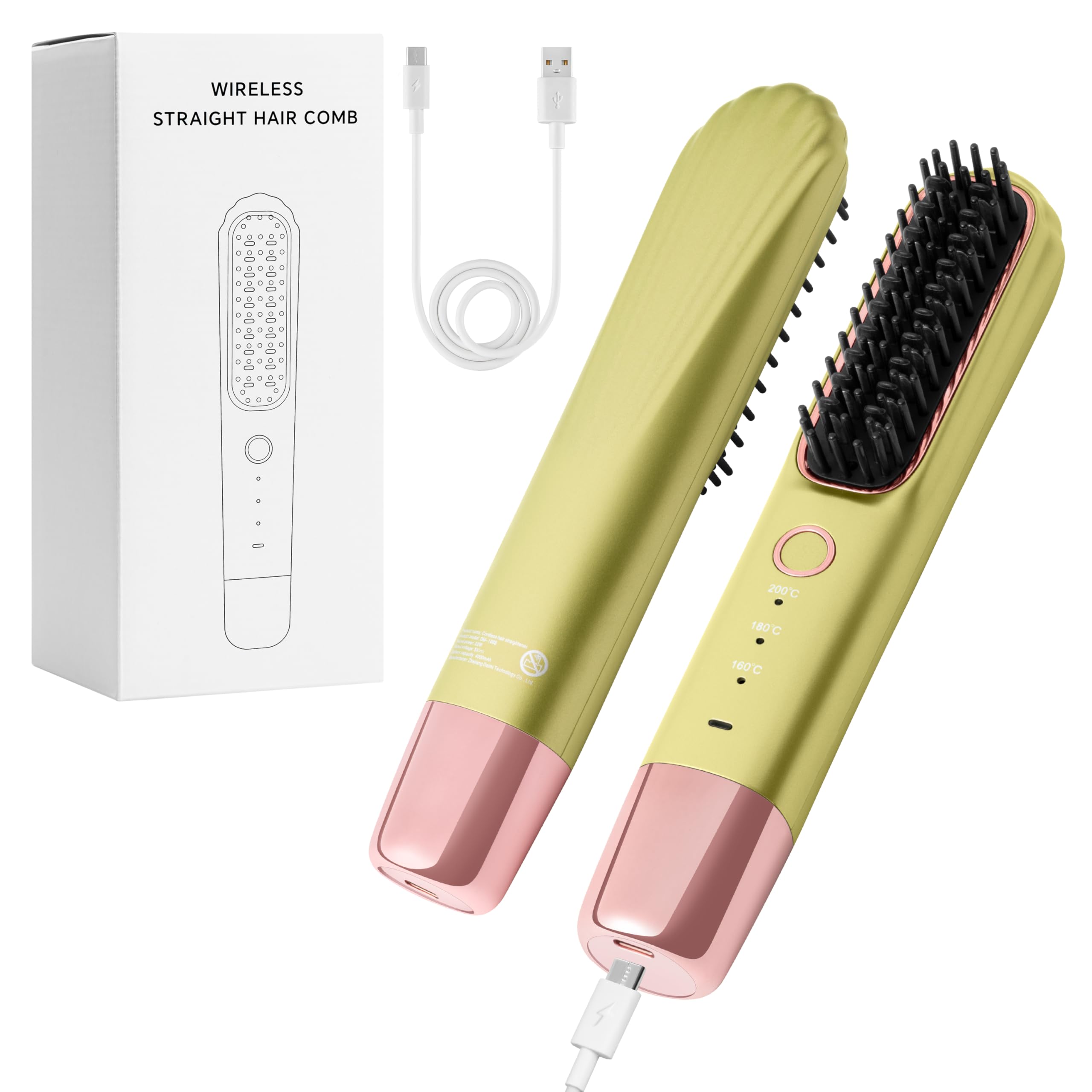 GQIRIL Portable Hair Straightener Brush - Mini Cordless Wireless Hot Comb Rechargeable Flat Iron Straightening Brush with Negative Ions Electric Black Hair Styling Tool for Girl Women Travel (Green)