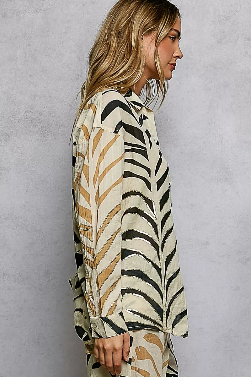 POL Two-Tone Printed Woven Spangle Long Sleeve Shirt