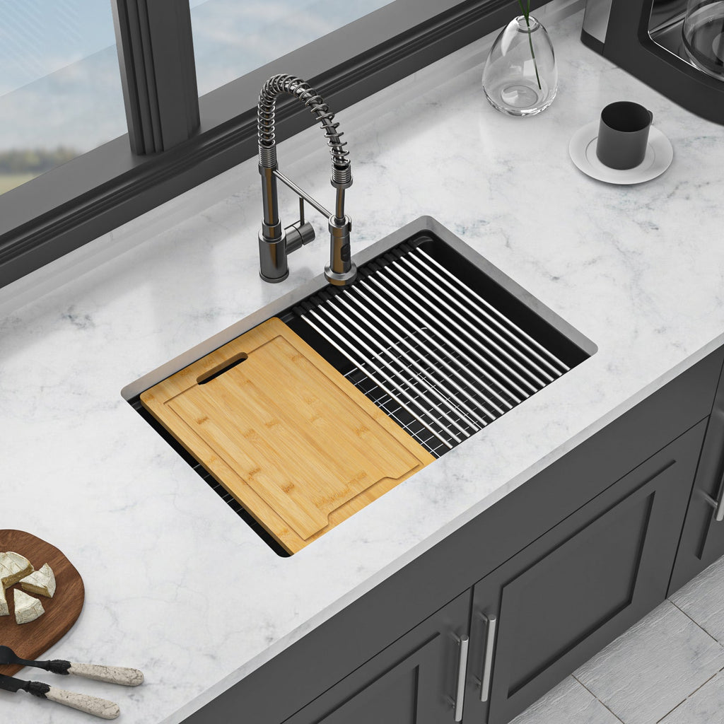 Quartz Kitchen Sink - 28' x 19' Black Granite Composite Workstation Undermount