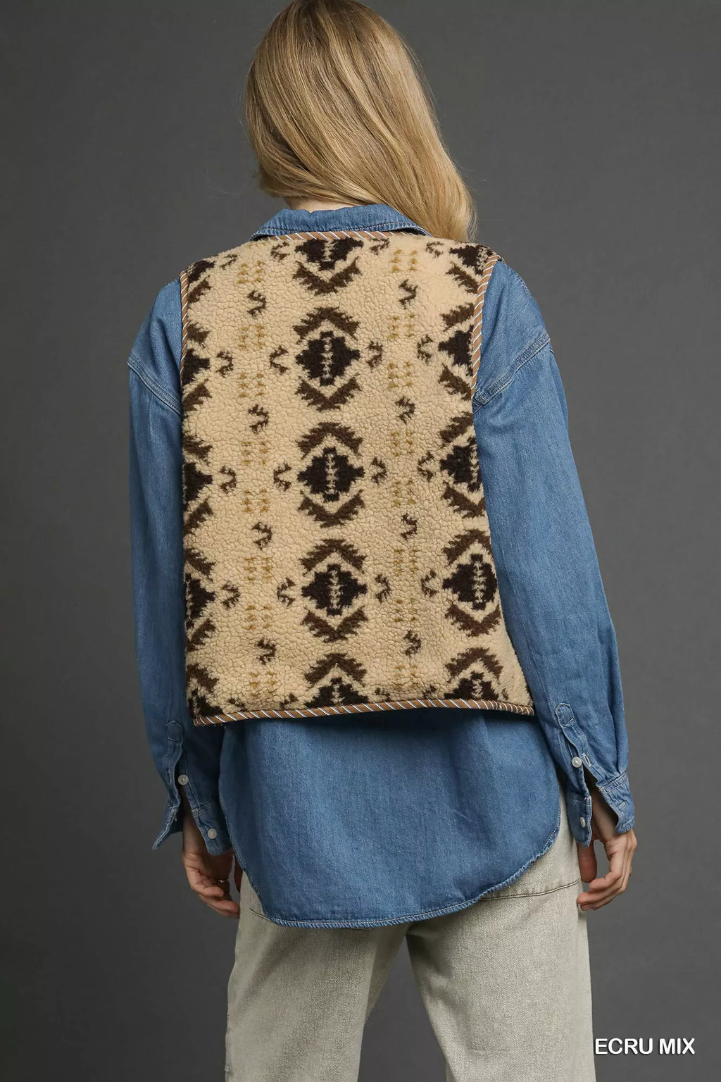 Umgee Mix Patterned Sherpa Tie-Front Vest
