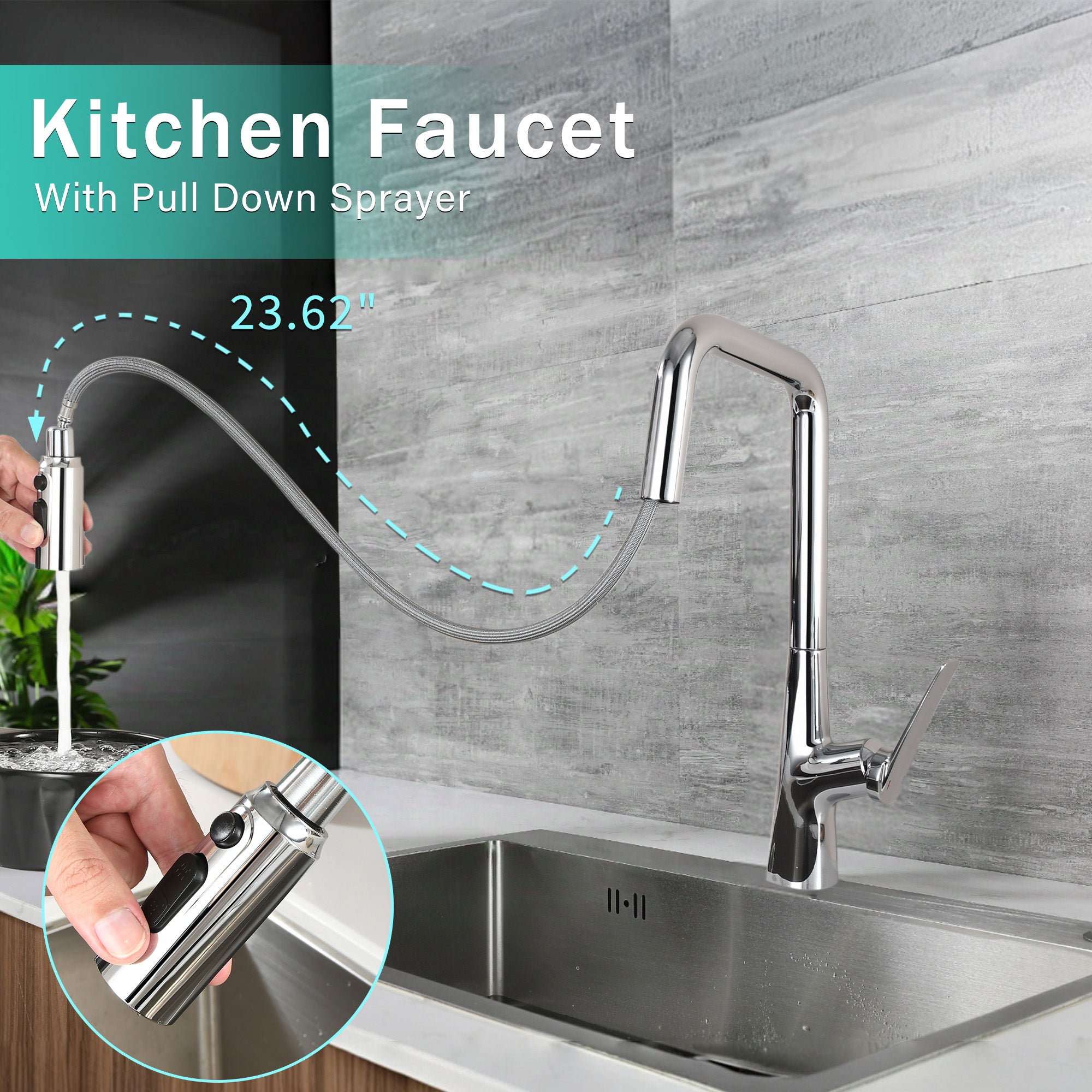 Professional Chrome Kitchen Faucet - 3 Function 360 Sprayer with One Touch Switching, Metal Construction