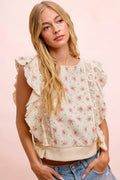 BiBi Flower Printed Ruffle Sleeve Trim Detail Top