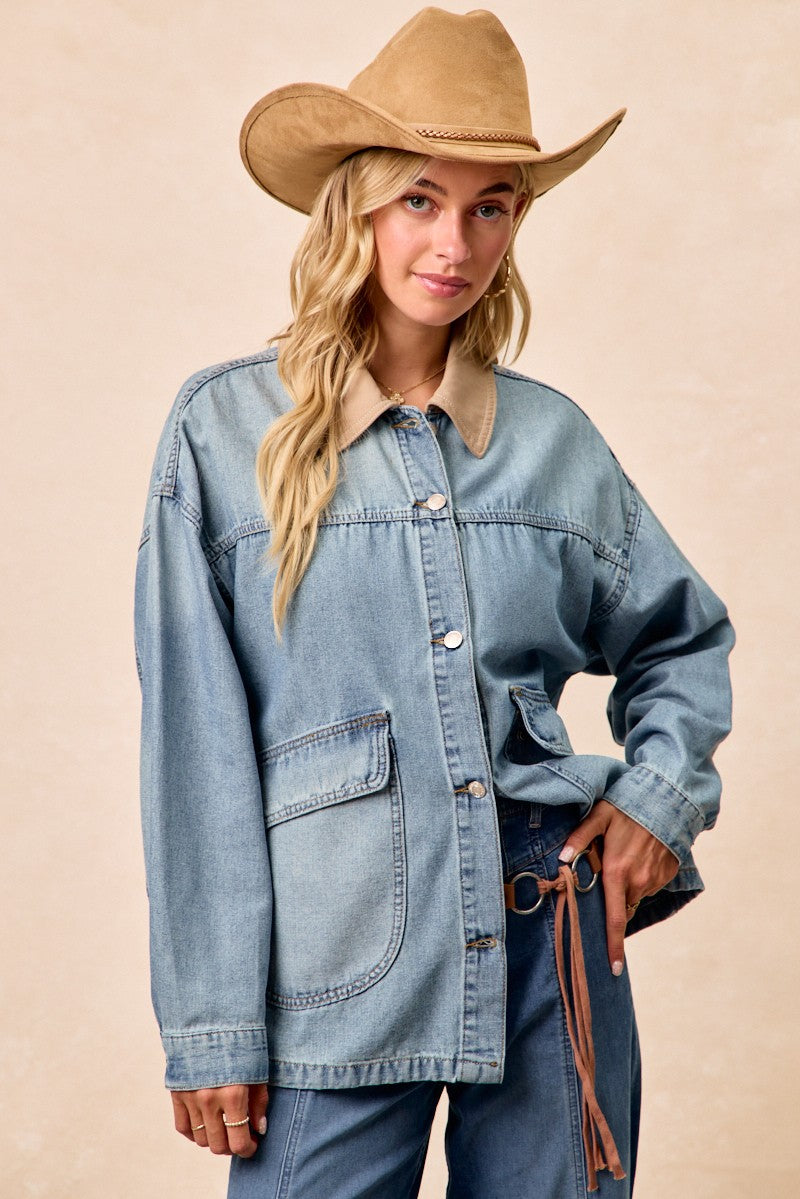 BiBi Washed Denim Jacket with Contrast Collar Detail