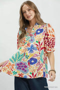 Umgee V-Neck Ruffle Trim Puff Sleeve Top