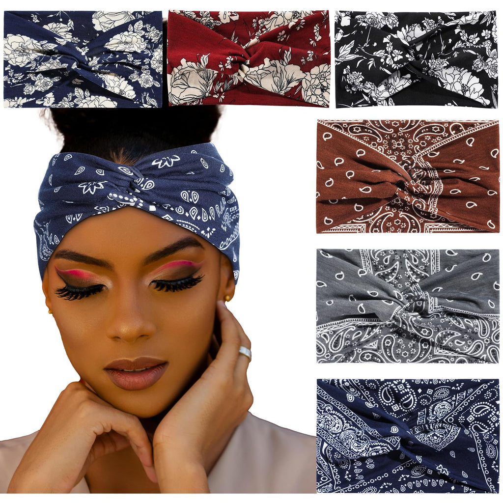 Achiou Boho Headbands for Women Twist Knotted Head Bands for Womens Curly Hair Non Slip Wide Turban Cloth Hairbands Elastic Hair Accessories for Girls Yoga 6 Pack Two Size