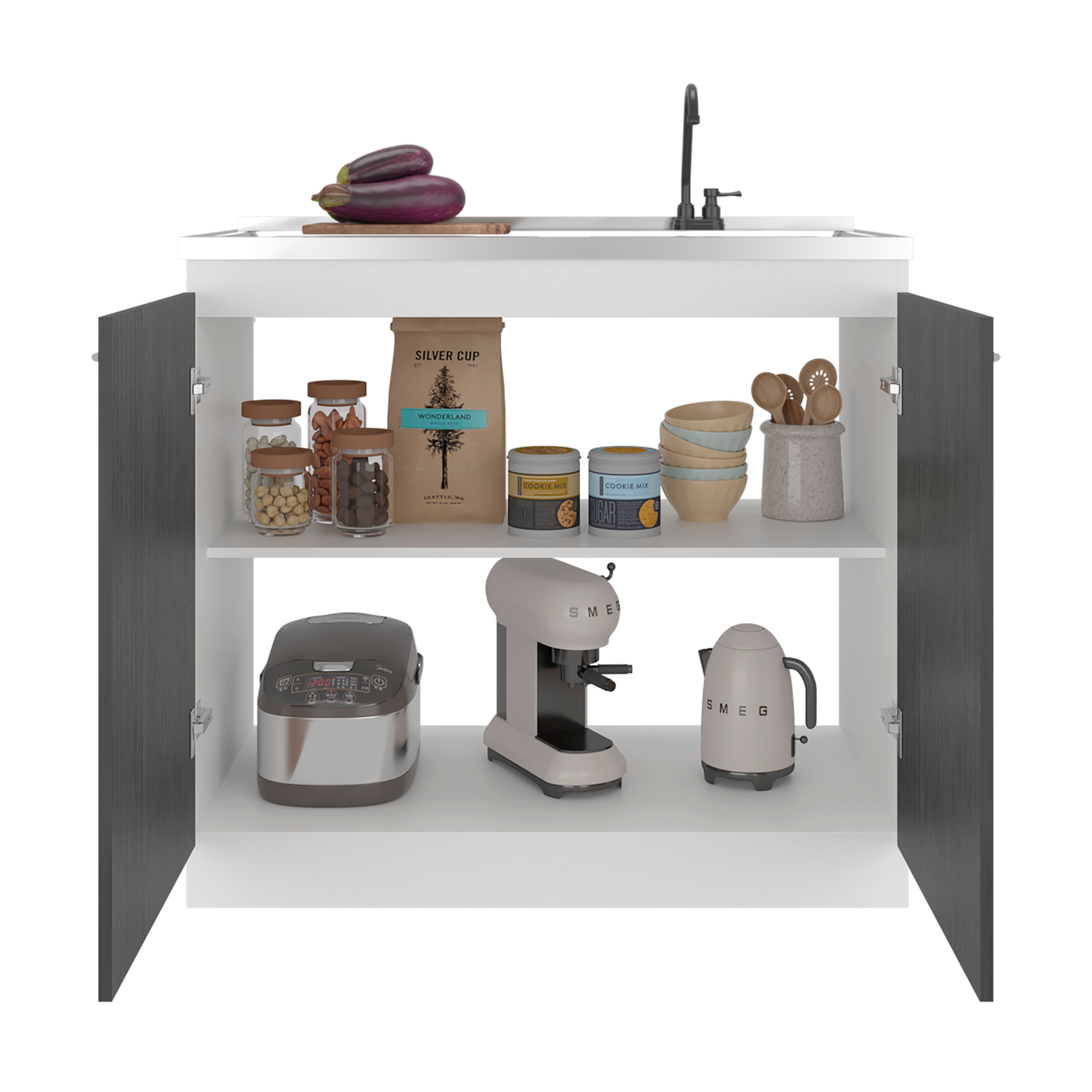 Salento Freestanding Sink, Double Door Cabinet, White / Smokey Oak