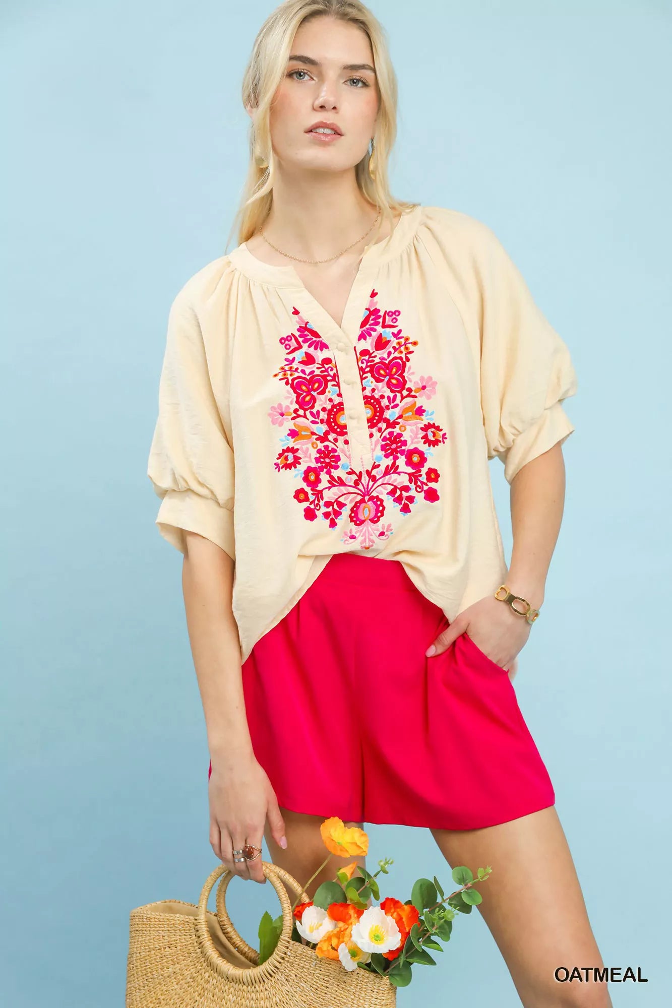 Umgee Embroidered Puff Sleeve Blouse