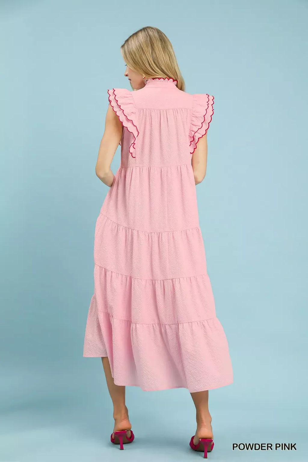 Umgee Seersucker Ruffle Sleeve Tiered Midi Dress