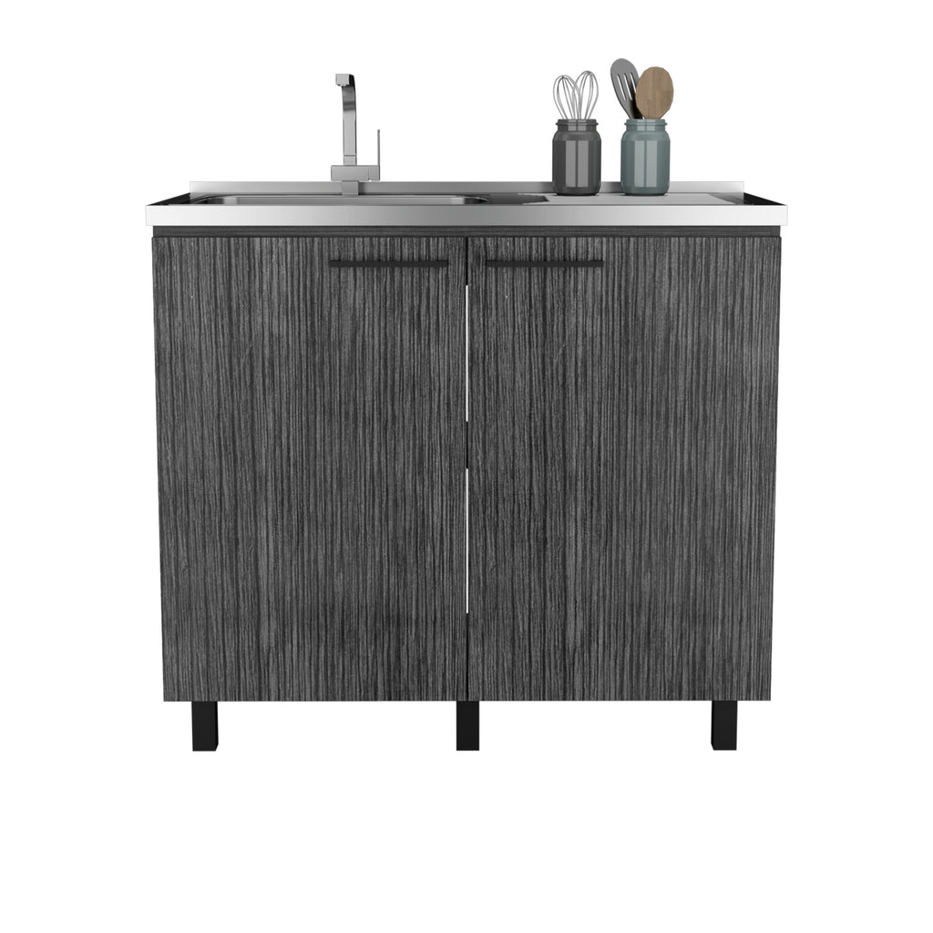 2 Freestanding Utility Base Cabinet with Stainless Steel Countertop and 2-Door, Smokey Oak