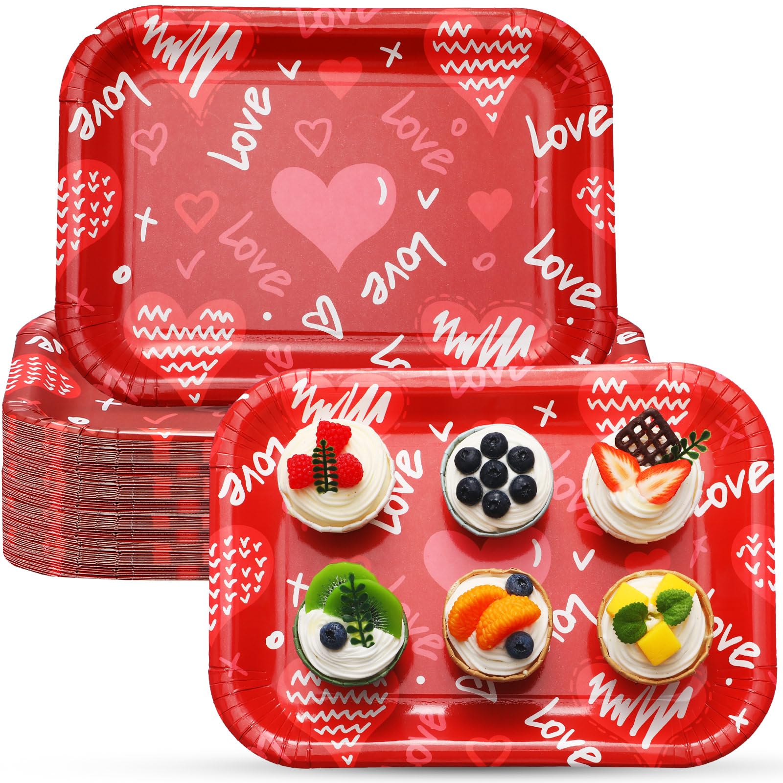 Ziliny 24 Pcs 13 x 9 Inch Valentines Day Disposable Paper Plates Love Serving Tray Rectangle Trays Valentine Happy Mothers Day Wedding Party Supplies for Food Snacks Cookies Dessert(Red)