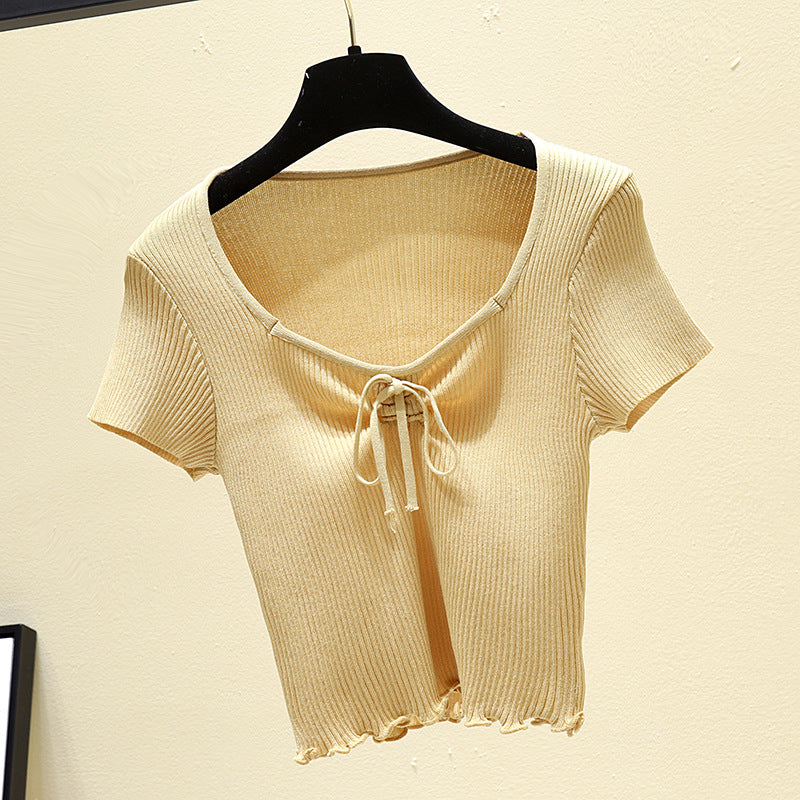 Korean Style Women's Bow Tie Short Sleeve Knit Top