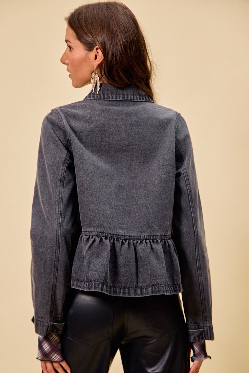 SO ME Denim Peplum Hem Front Button Jacket With Pockets
