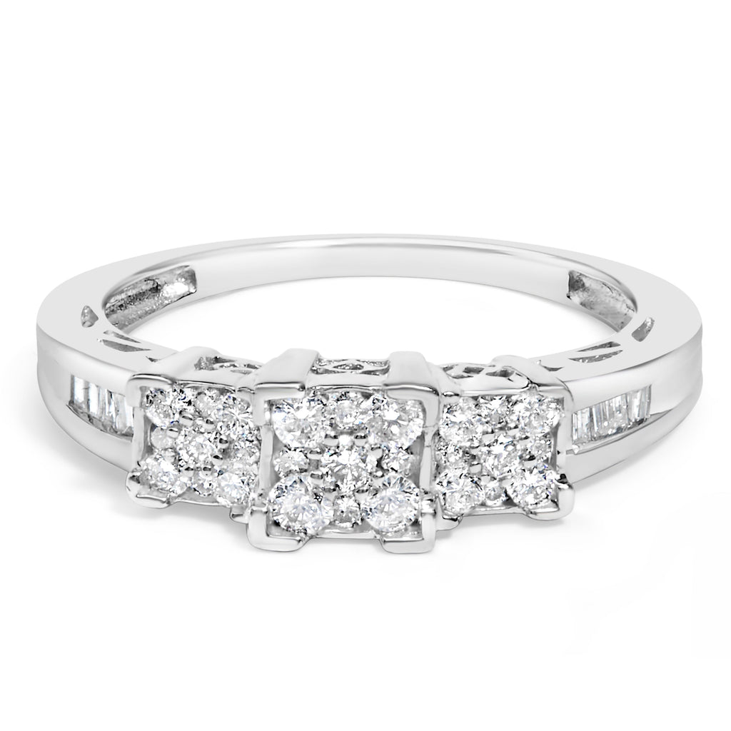 10K White Gold 1/2 Cttw Brilliant & Baguette Cut Diamond 3 Stone Design with 3 Square Clusters Engagement Ring (H-I Color, SI2-I1 Clarity) - Size 6-3/4