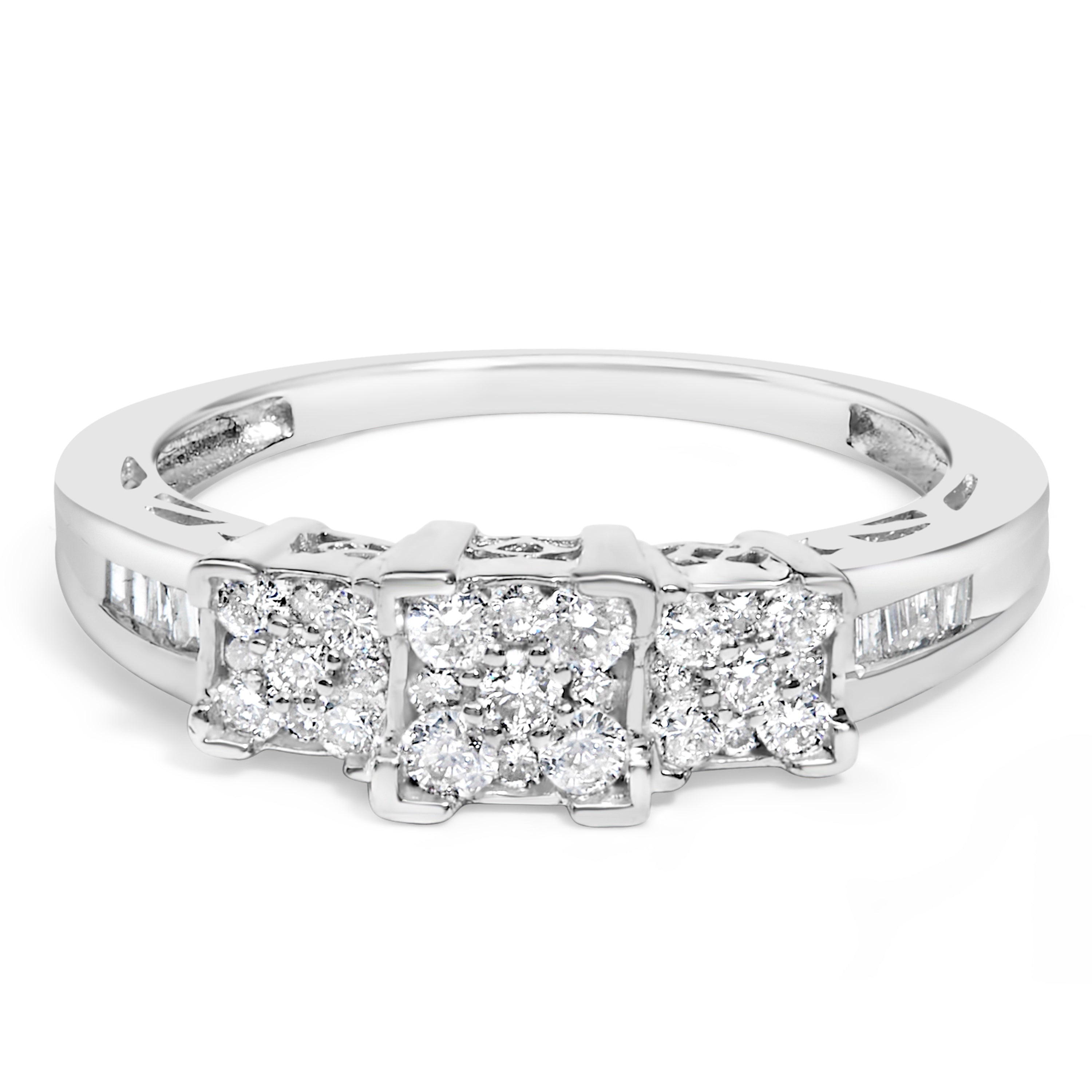 10K White Gold 1/2 Cttw Brilliant & Baguette Cut Diamond 3 Stone Design with 3 Square Clusters Engagement Ring (H-I Color, SI2-I1 Clarity) - Size 6-3/4
