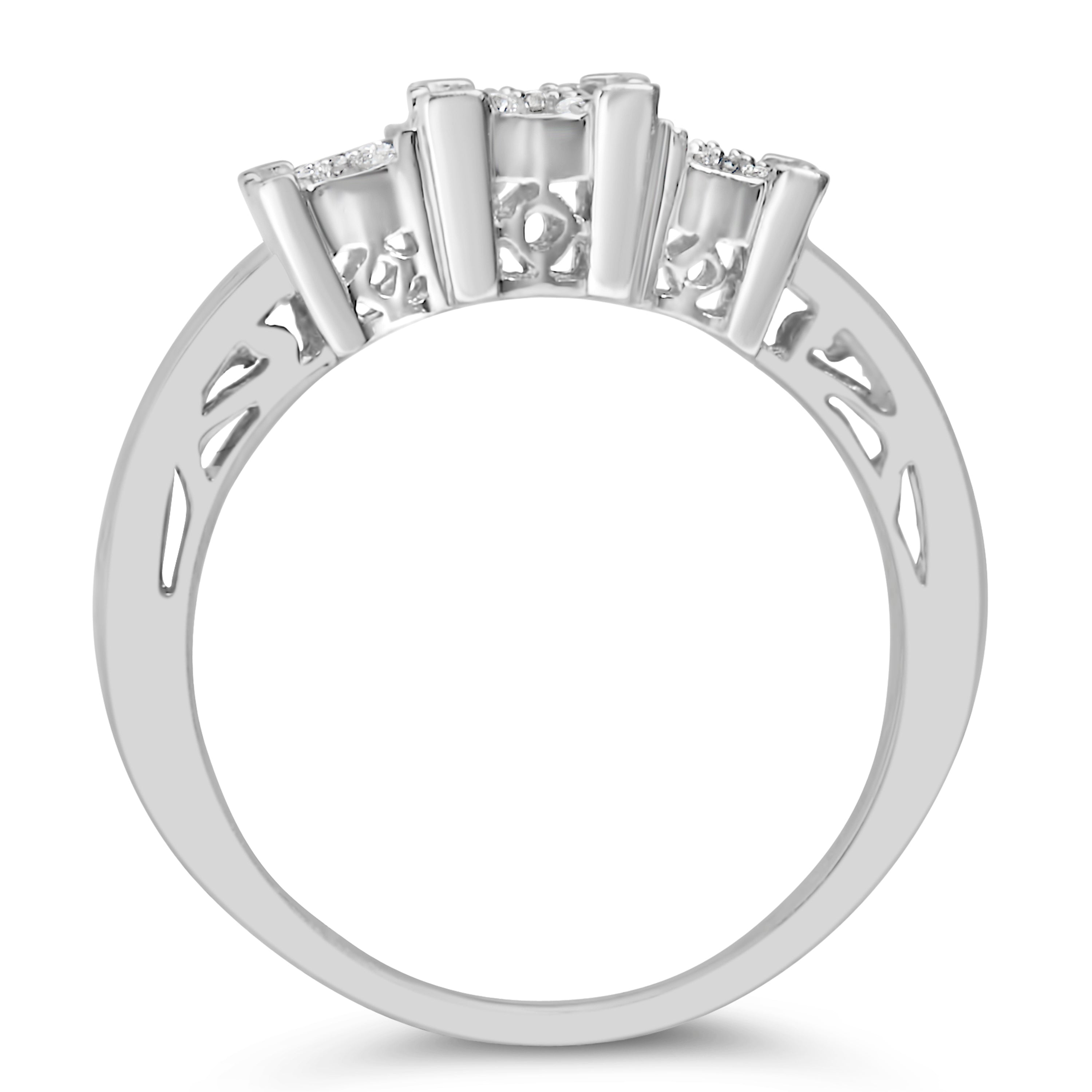 10K White Gold 1/2 Cttw Brilliant & Baguette Cut Diamond 3 Stone Design with 3 Square Clusters Engagement Ring (H-I Color, SI2-I1 Clarity) - Size 6-3/4