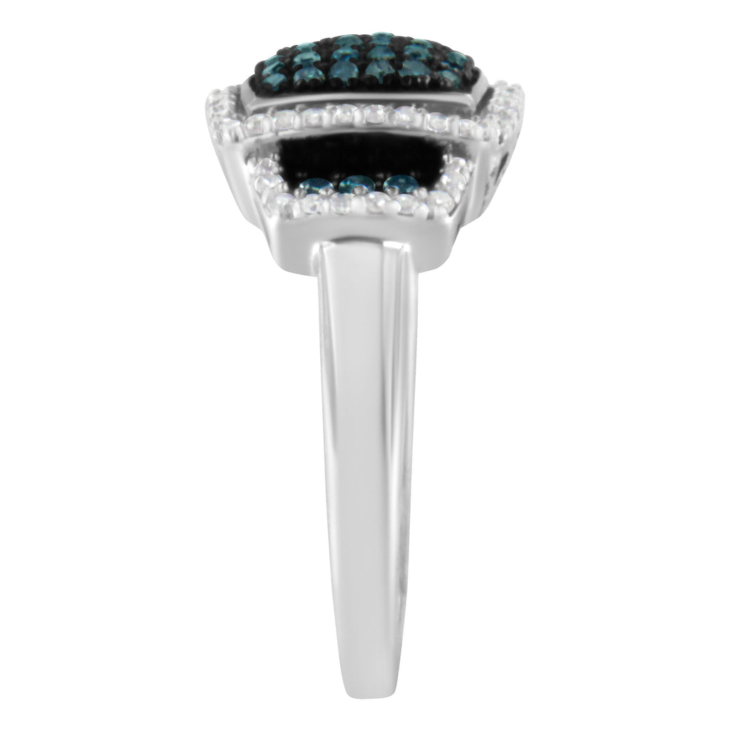 Black Rhodium Plated .925 Sterling Silver 1/2 Cttw White & Blue Diamond Square Halo Cocktail Ring (Fancy Blue & H-I Color, I2-I3 Clarity) - SIze 6