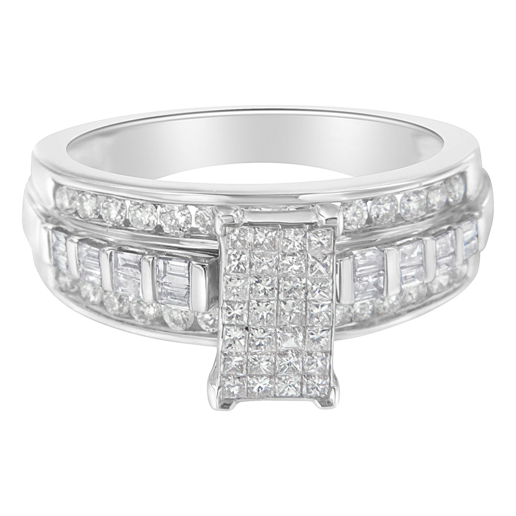 14K White Gold 1.0 Cttw Mixed-Cut Diamond Rectangle Invisible-Set Composite Cluster Ring with Bar- and Channel-Set Band (H-I Color, SI2-I1 Clarity) - Size 7