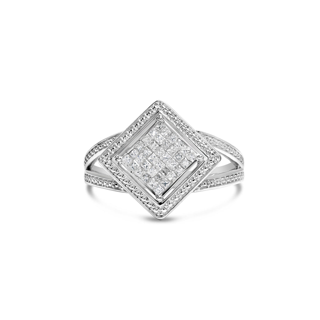 .925 Sterling Silver 1/3 Cttw Invisible Set Princess-Cut Diamond Rhombus and Beaded Halo Ring (H-I Color, SI1-SI2 Clarity) - Ring Size 7