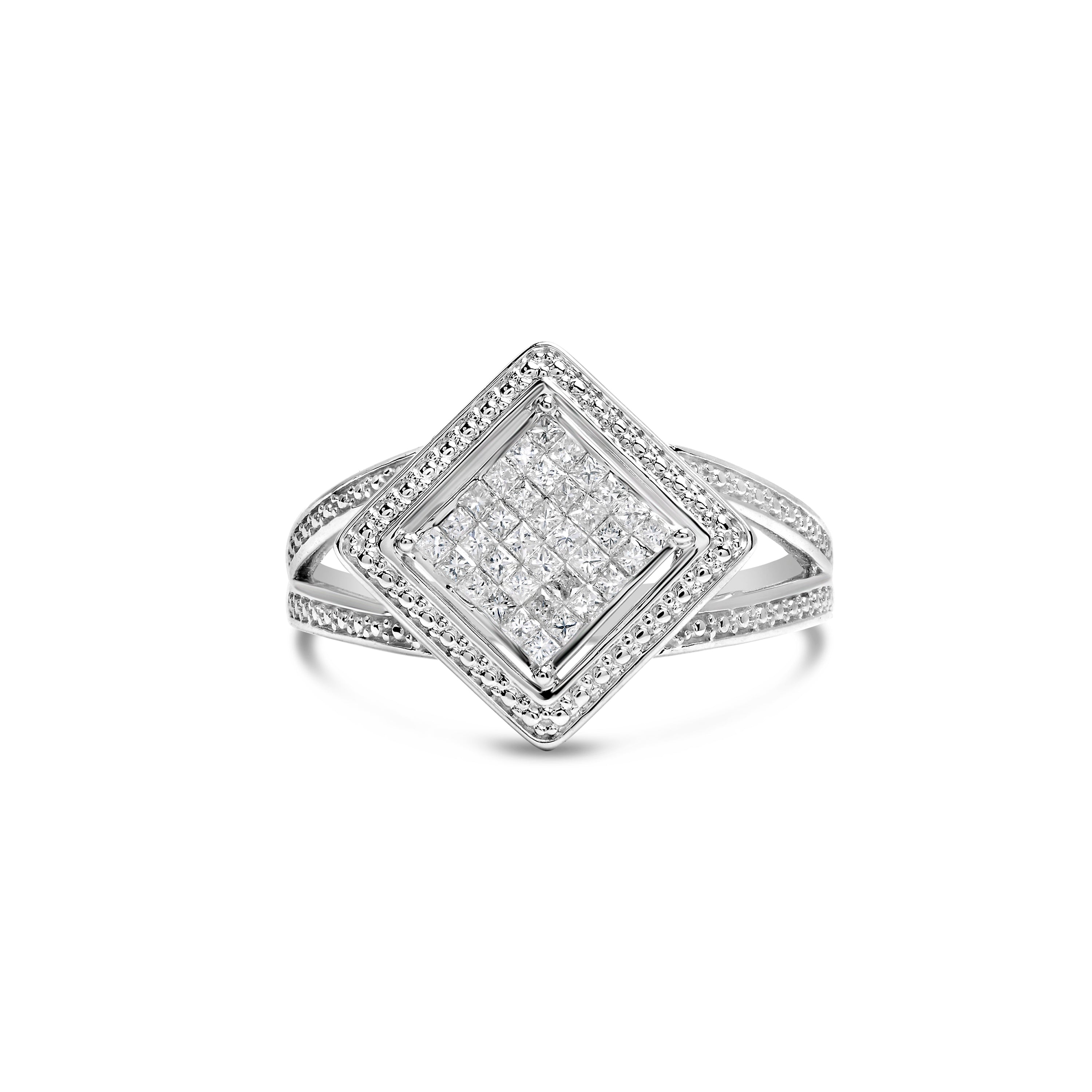 .925 Sterling Silver 1/3 Cttw Invisible Set Princess-Cut Diamond Rhombus and Beaded Halo Ring (H-I Color, SI1-SI2 Clarity) - Ring Size 7