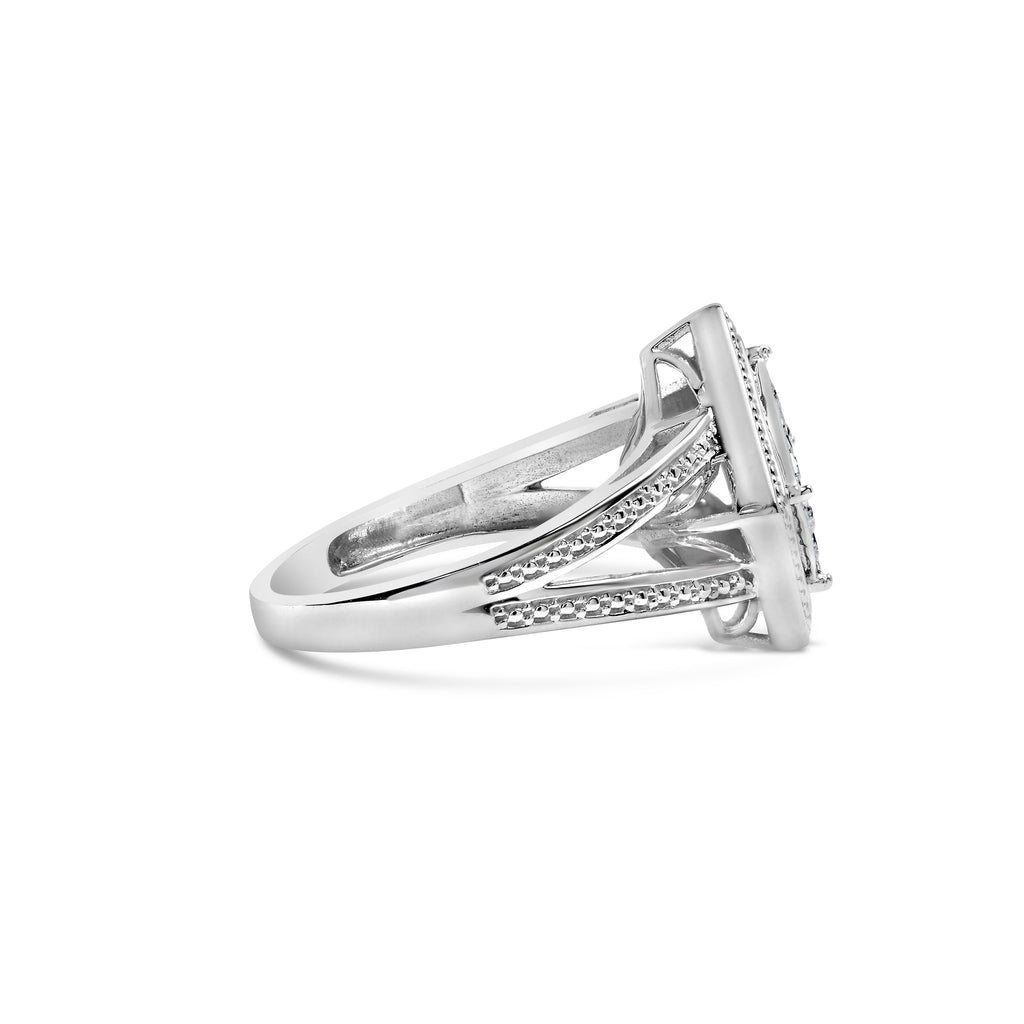 .925 Sterling Silver 1/3 Cttw Invisible Set Princess-Cut Diamond Rhombus and Beaded Halo Ring (H-I Color, SI1-SI2 Clarity) - Ring Size 7