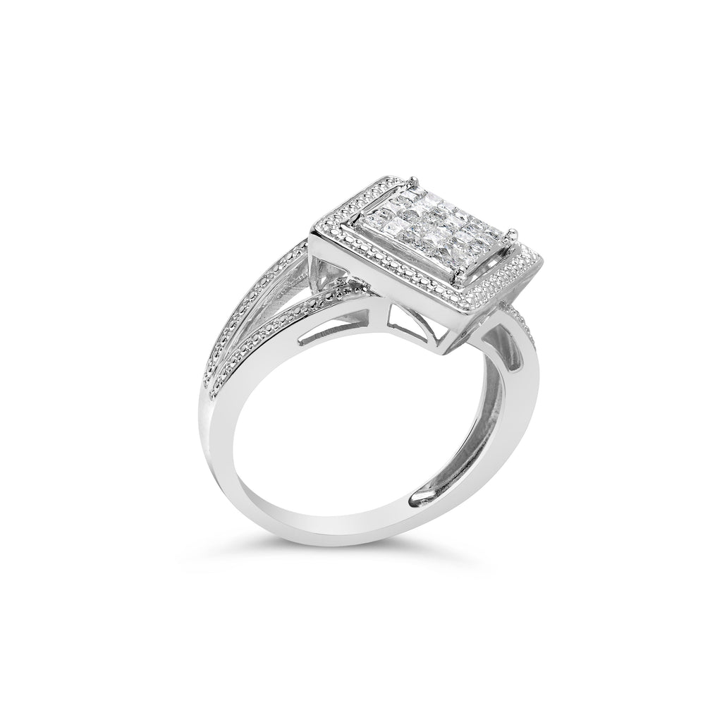 .925 Sterling Silver 1/3 Cttw Invisible Set Princess-Cut Diamond Rhombus and Beaded Halo Ring (H-I Color, SI1-SI2 Clarity) - Ring Size 7