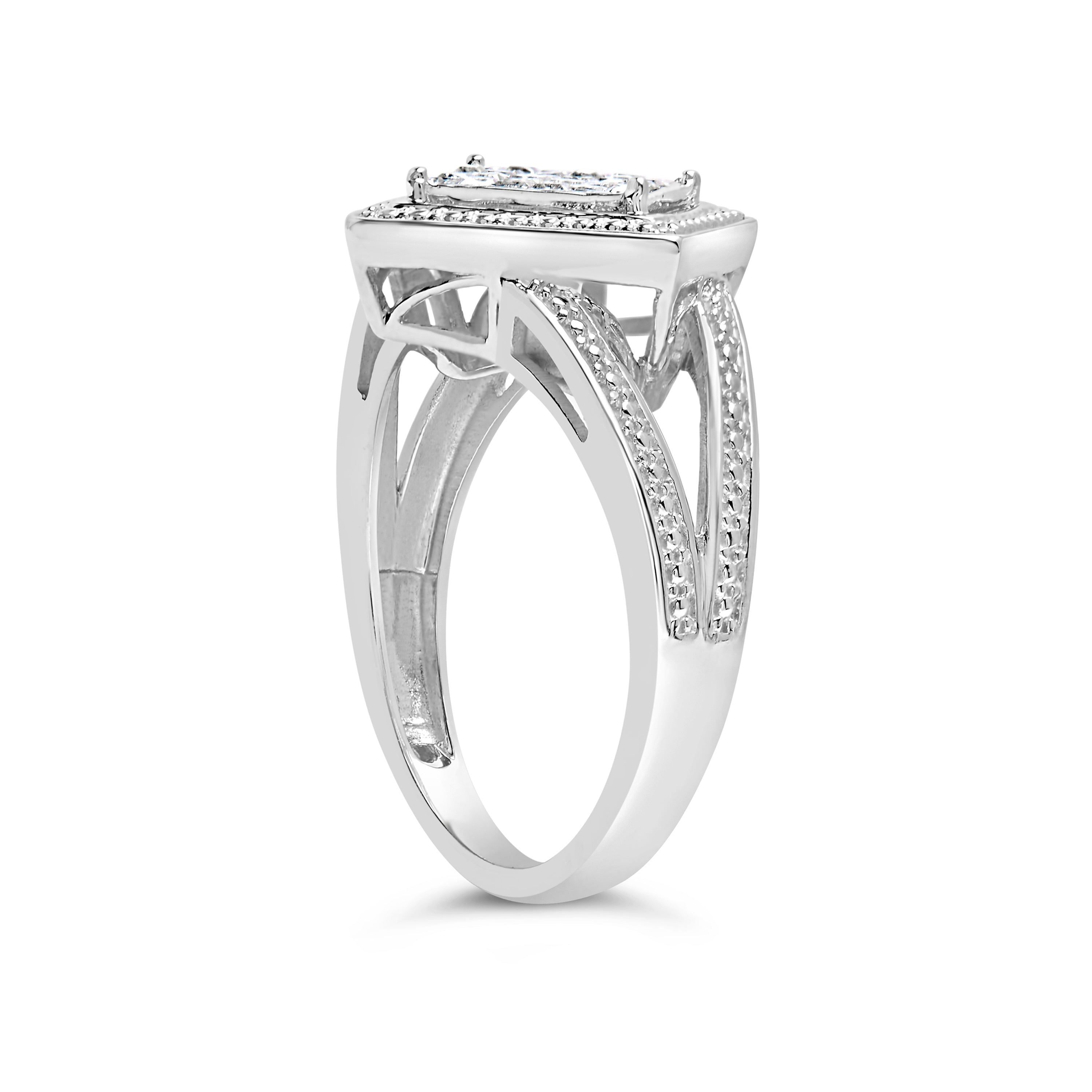 .925 Sterling Silver 1/3 Cttw Invisible Set Princess-Cut Diamond Rhombus and Beaded Halo Ring (H-I Color, SI1-SI2 Clarity) - Ring Size 7