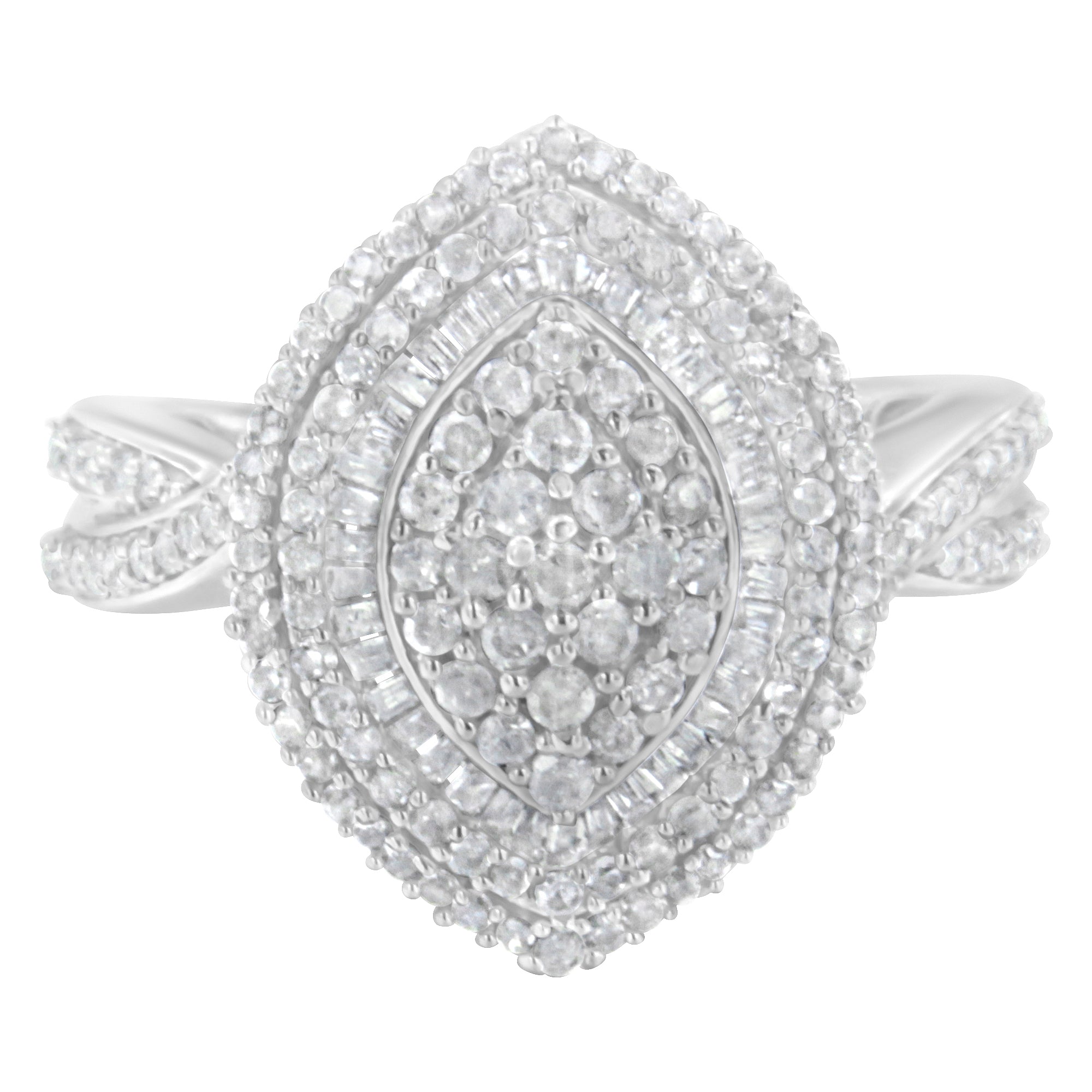 .925 Sterling Silver 1.0 Cttw Round & Baguette-Cut Diamond Marquise-Shaped Cluster Triple Stepped Halo Cocktail Fashion Ring (I-J Color, I2-I3 Clarity) - Size 7