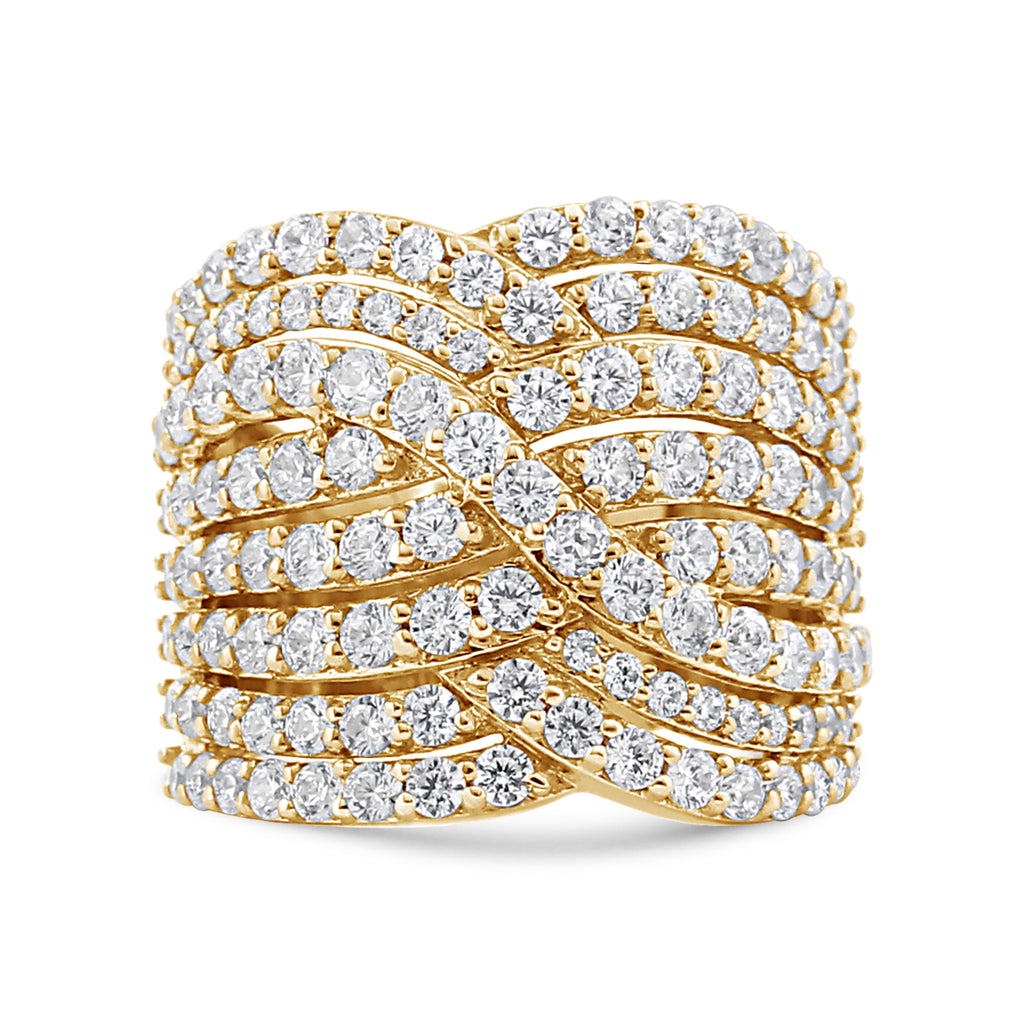 10K Yellow Gold 3.0 Cttw Diamond Eight-Row Bypass Crossover Statement Band Ring (H-I Color, I2-I3 Clarity) - Size 7