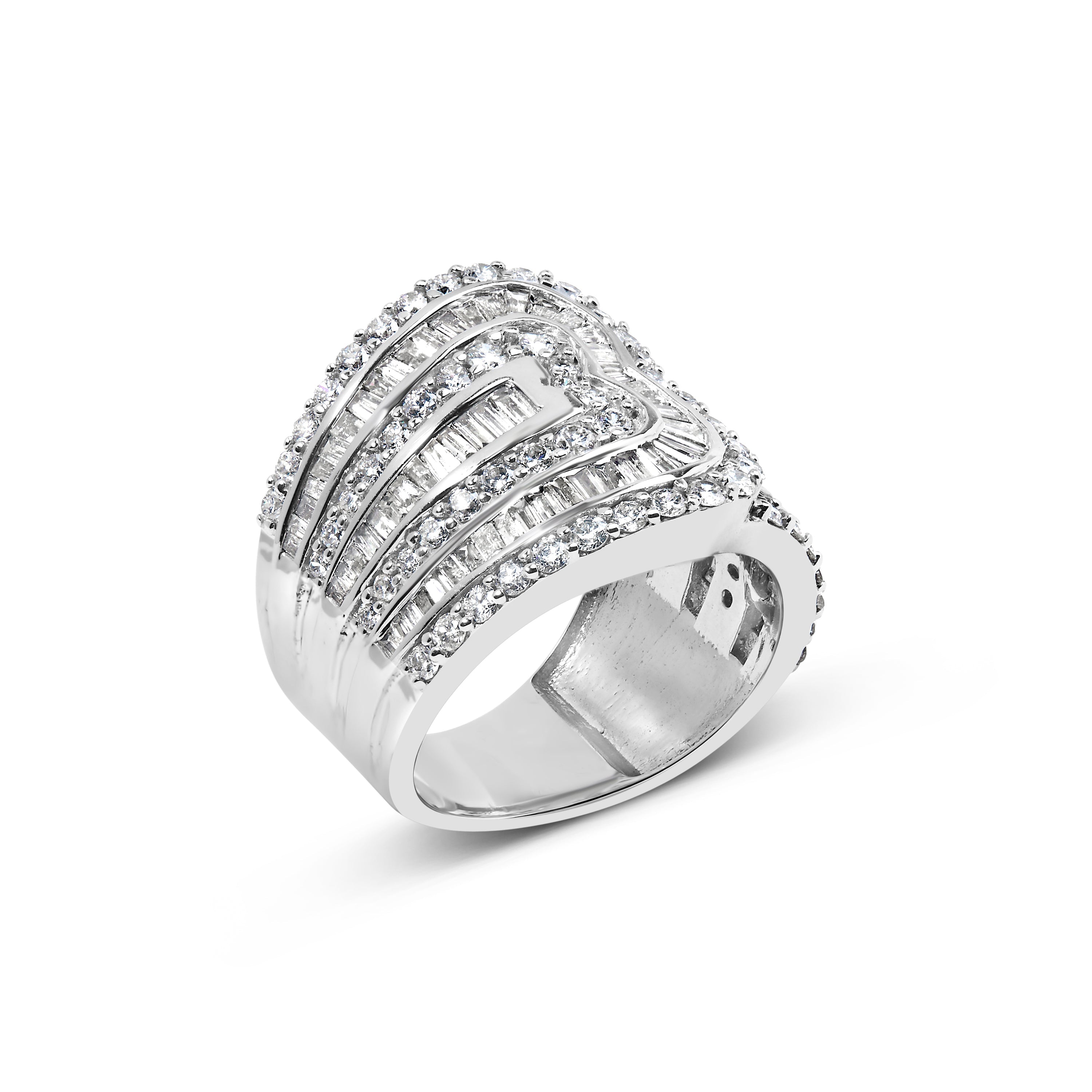 10K White Gold 2 1/2 Cttw Round and Baguette-Cut Diamond Multi-Row Bypass Ring (J-K Color, I2-I3 Clarity) - Ring Size 7