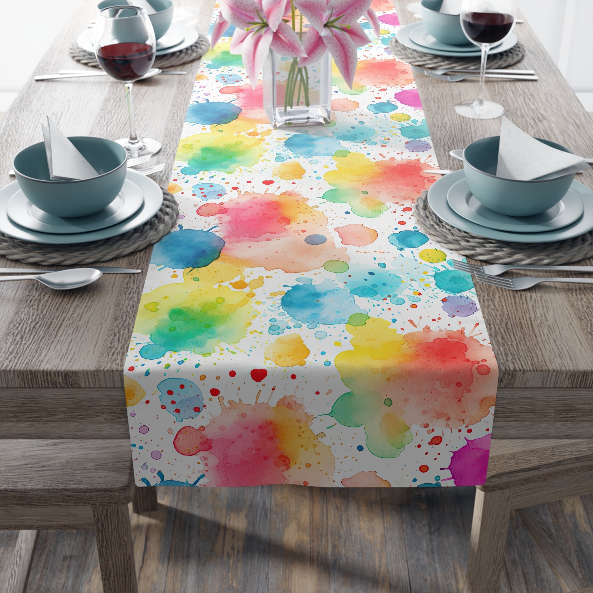 Bespattered Facade Rainbow Watercolor Paint Splatters Table Runner (2 sizes)