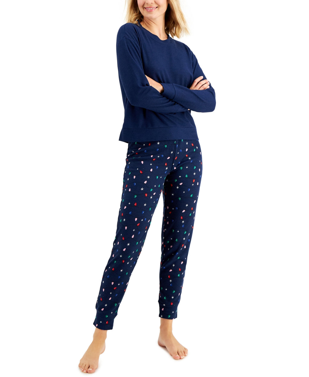 Jenni Women Holiday Lights Long Sleeve Waffle Pajama Top/Jogger 2PC Set Size XS