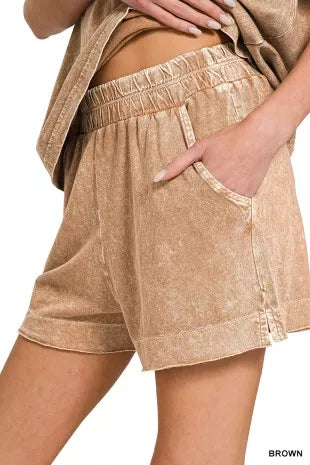 Zenana Halo Snow Washed Exposed Seam Top & Shorts Set