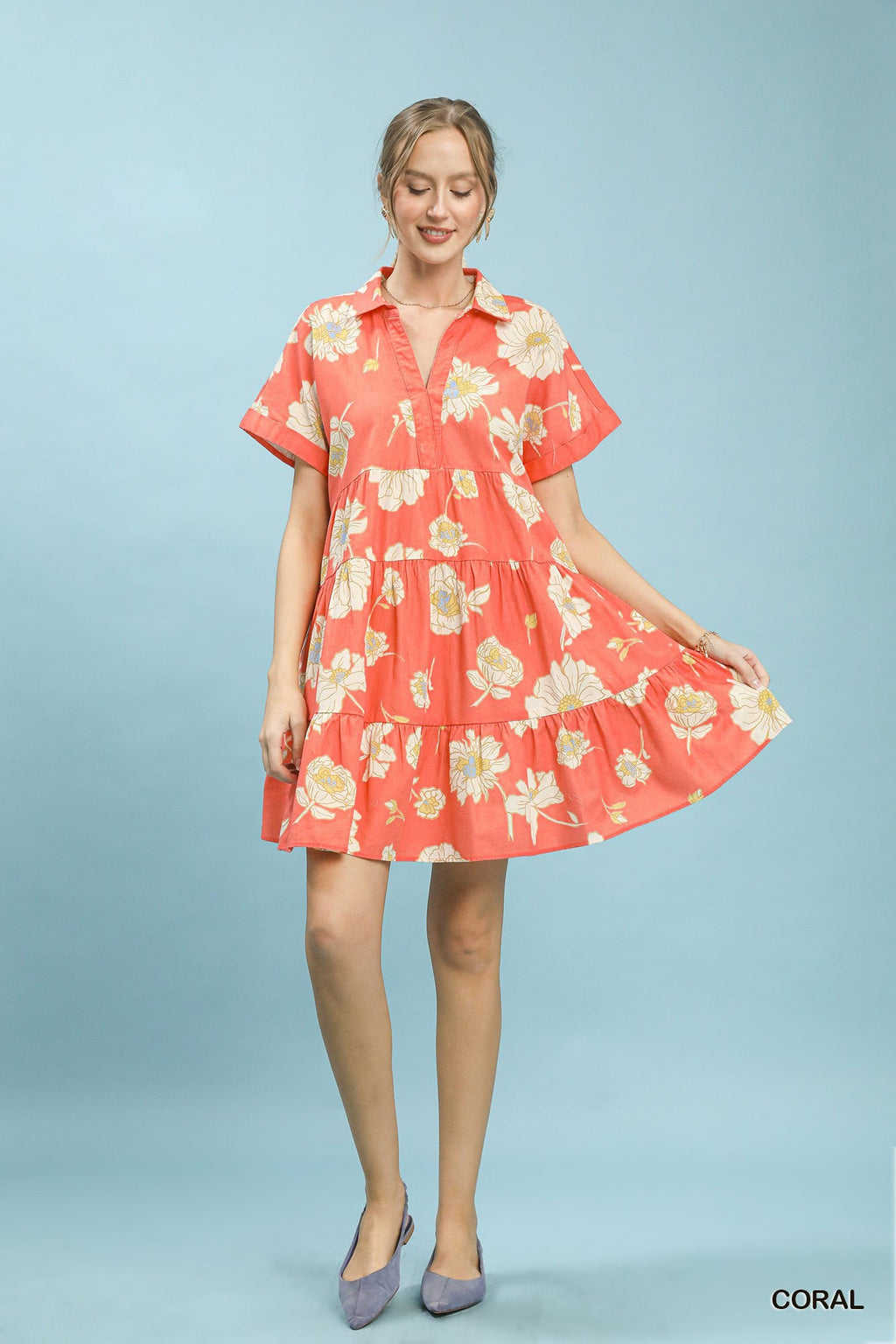 Umgee Floral Tiered Collared Babydoll Dress
