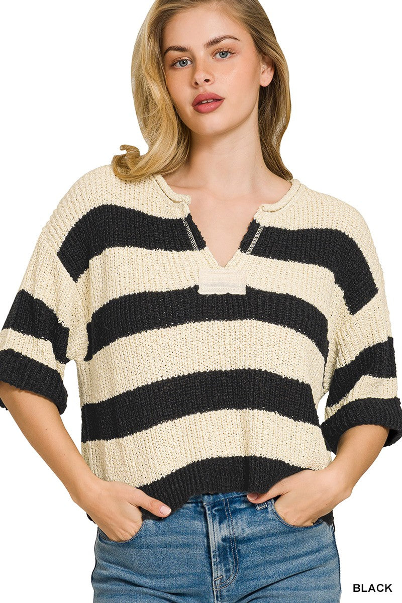 Zenana Split Neck Stripe Sweater