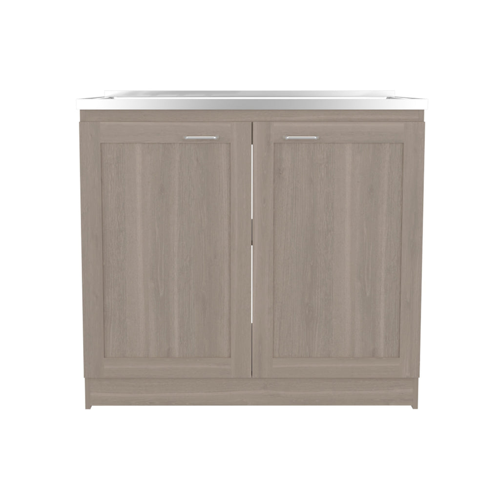 Zurich 39' Wide Utility Sink, Base Cabinet Two-Door Cabinet With Two Shelves, Stainless Steel Sink, Laundry Room, Garage Sink, Light Gray