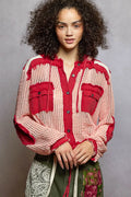 POL Texture Woven Button Down Hooded Shirt with Drawstring Hem