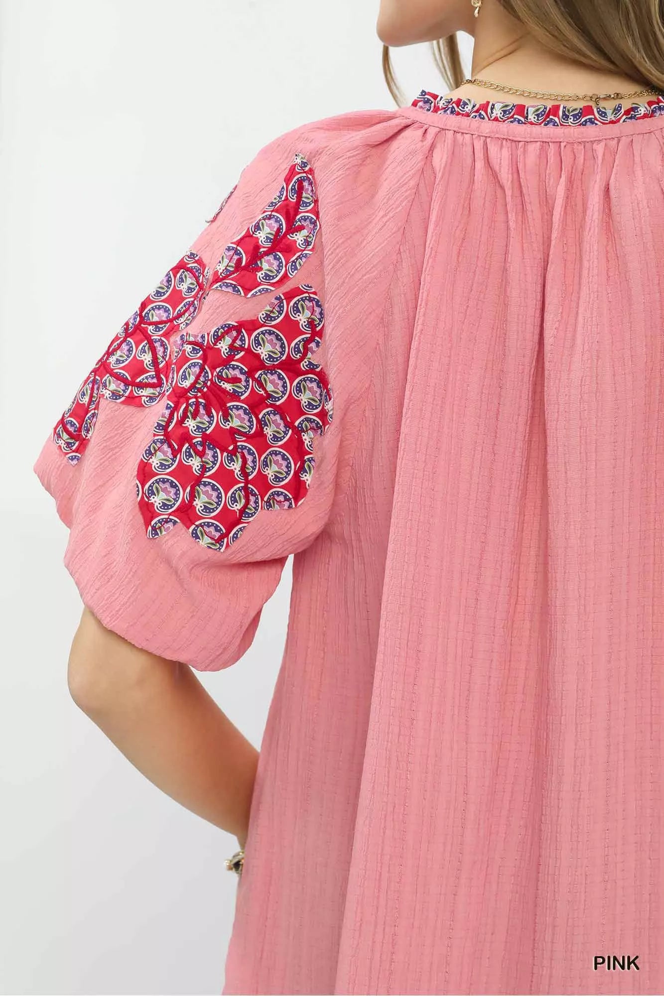 Umgee Embroidered Sleeve Contrast Trim Top