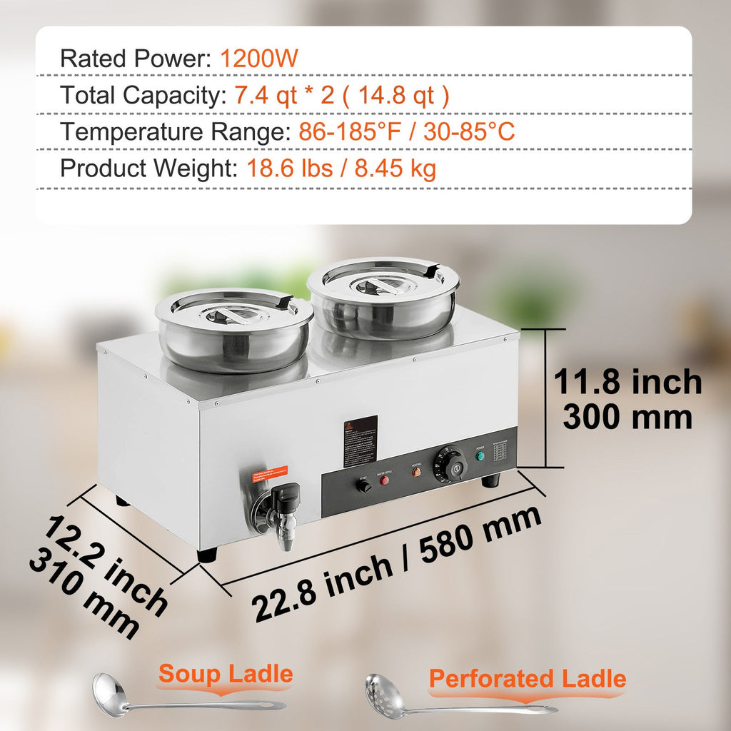 Electric Soup Warmer, Dual 7.4QT Stainless Steel Round Pot 86~185°F Adjustable Temp, 1200W Commercial Bain Marie with Anti-dry Burn and Reset Button, Soup Station for Restaurant, Buffet, Silver
